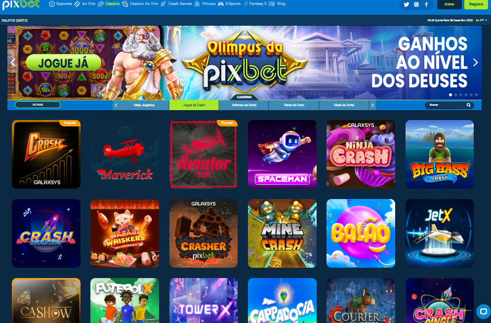 detalhe do cassino Pixbet com os principais jogos disponíveis