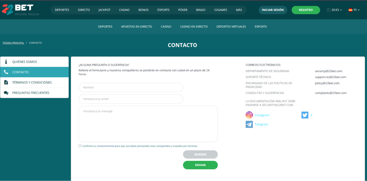 22bet contacto