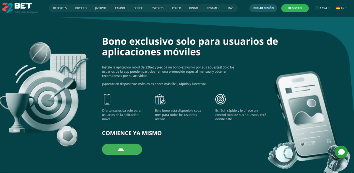 Bono de bienvenida en la 22Bet App + promociones móviles