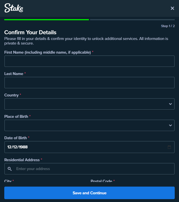 Stake - confirm your details - open an account