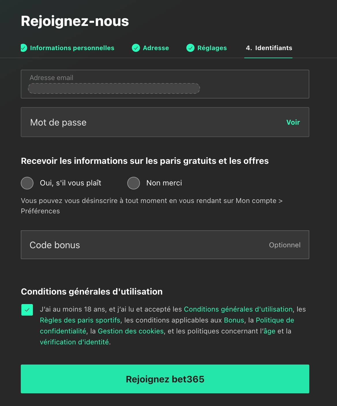Choisissez vos identifiants et saisissez le code bonus
