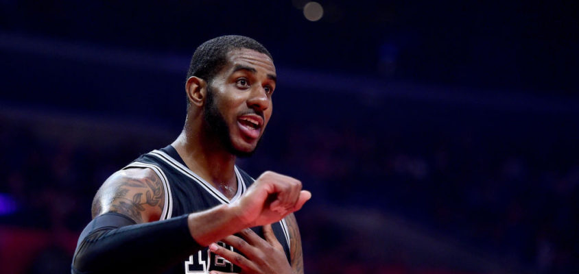 LOS ANGELES, CA - FEBRUARY 24: LaMarcus Aldridge #12 of the San Antonio Spurs reacts to his foul during the first half against the LA Clippers at Staples Center on February 24, 2017 in Los Angeles, California.