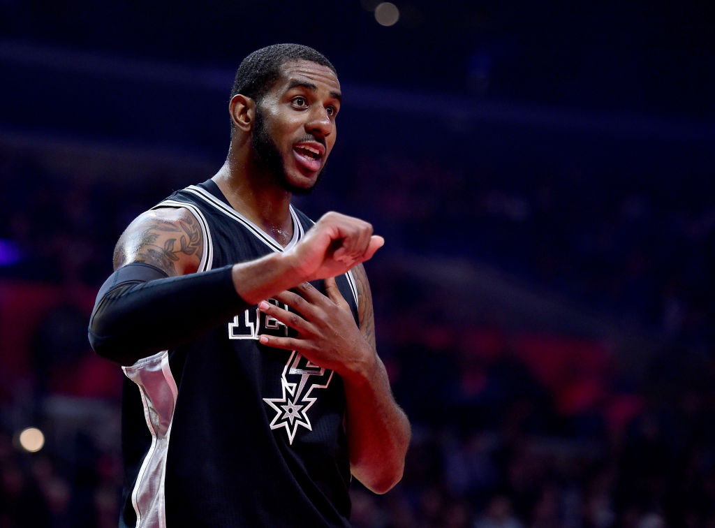 LOS ANGELES, CA - FEBRUARY 24: LaMarcus Aldridge #12 of the San Antonio Spurs reacts to his foul during the first half against the LA Clippers at Staples Center on February 24, 2017 in Los Angeles, California.