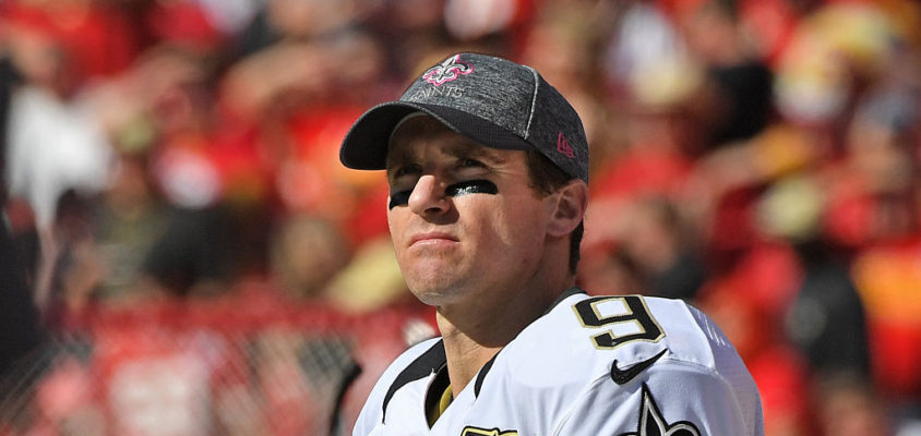 KANSAS CITY, MO - OCTOBER 23: Quarterback Drew Brees #9 of the New Orleans Saints looks on from the sidelines against the Kansas City Chiefs during the second half on October 23, 2016 at Arrowhead Stadium in Kansas City, Missouri