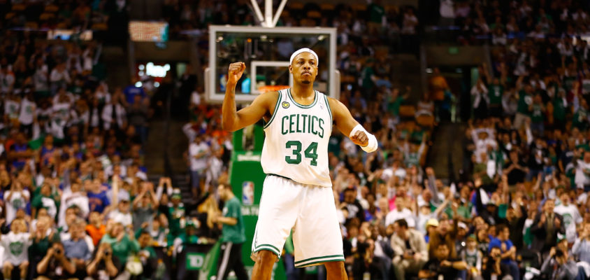 BOSTON, MA - APRIL 28: Paul Pierce #34 of the Boston Celtics celebrates after making a shot at the end of the second quarter against the New York Knicks during Game Four of the Eastern Conference Quarterfinals of the 2013 NBA Playoffs on April 28, 2013 at TD Garden in Boston, Massachusetts