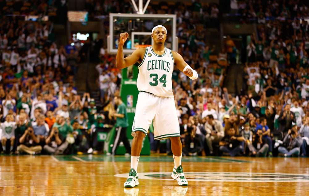 BOSTON, MA - APRIL 28: Paul Pierce #34 of the Boston Celtics celebrates after making a shot at the end of the second quarter against the New York Knicks during Game Four of the Eastern Conference Quarterfinals of the 2013 NBA Playoffs on April 28, 2013 at TD Garden in Boston, Massachusetts