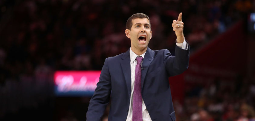 CLEVELAND, OH - OCTOBER 17: Head coach Brad Stevens of the Boston Celtics yells from the bench while playing the Cleveland Cavaliers at Quicken Loans Arena on October 17, 2017 in Cleveland, Ohio