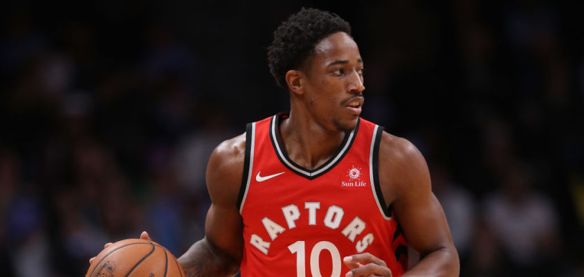 DENVER, CO - NOVEMBER 01: Demar Derozan #10 of the Toronto Raptors brings the ball down the court against the Denver Nuggets at the Pepsi Center on November 1, 2017 in Denver, Colorado