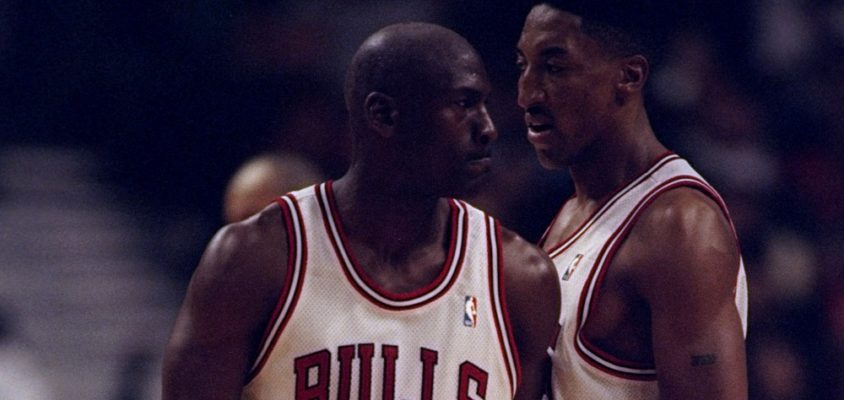 3 May 1998: Michael Jordan #23 bumps Scottie Pippen #33 of the Chicago Bulls during the NBA Playoffs round 1 game against the Charlotte Hornets at the United Center in Chicago, Illinois. The Bulls defeated the Hornets 83-70.