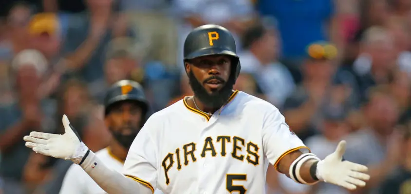 PITTSBURGH, PA - AUGUST 21: Josh Harrison #5 of the Pittsburgh Pirates reacts after hitting a solo home run in the third inning against the Los Angeles Dodgers at PNC Park on August 21, 2017 in Pittsburgh, Pennsylvania.