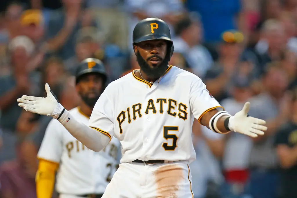 PITTSBURGH, PA - AUGUST 21: Josh Harrison #5 of the Pittsburgh Pirates reacts after hitting a solo home run in the third inning against the Los Angeles Dodgers at PNC Park on August 21, 2017 in Pittsburgh, Pennsylvania.