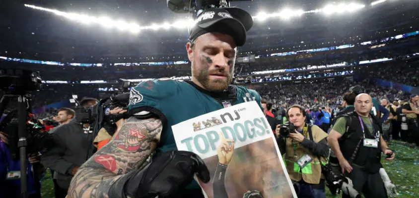 MINNEAPOLIS, MN - FEBRUARY 04: Chris Long #56 of the Philadelphia Eagles celebrates after defeating the New England Patriots 41-33 in Super Bowl LII at U.S. Bank Stadium on February 4, 2018 in Minneapolis, Minnesota