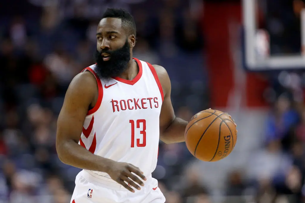 WASHINGTON, DC - DECEMBER 29: James Harden #13 of the Houston Rockets dribbles the ball against the Washington Wizards at Capital One Arena on December 29, 2017 in Washington, DC