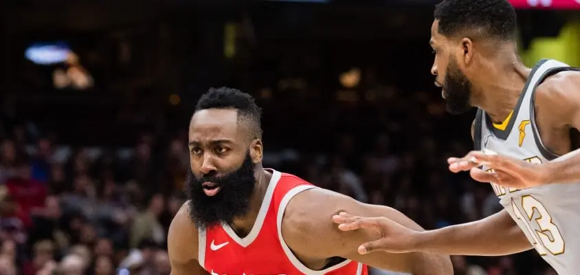 CLEVELAND, OH - FEBRUARY 3: James Harden #13 of the Houston Rockets drives around Tristan Thompson #13 of the Cleveland Cavaliers during the first half at Quicken Loans Arena on February 3, 2018 in Cleveland, Ohio