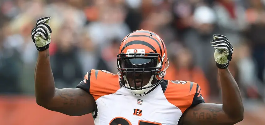 CLEVELAND, OH - DECEMBER 14: Wallace Gilberry #95 of the Cincinnati Bengals celebrates after sacking Johnny Manziel #2 of the Cleveland Browns during the first quarter at FirstEnergy Stadium on December 14, 2014 in Cleveland, Ohio.