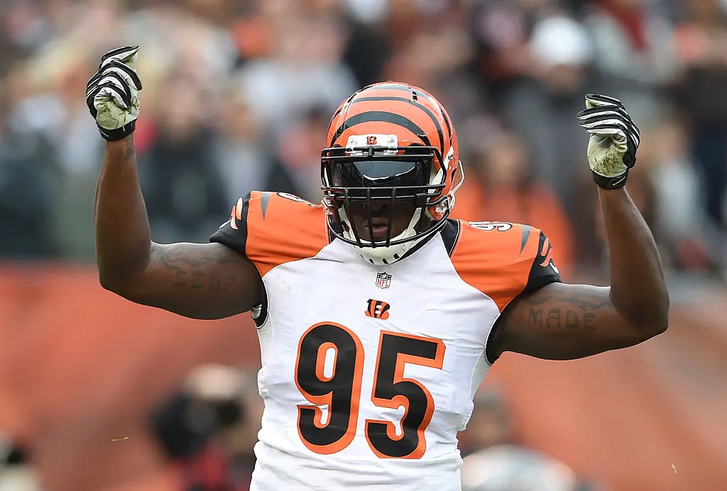 CLEVELAND, OH - DECEMBER 14: Wallace Gilberry #95 of the Cincinnati Bengals celebrates after sacking Johnny Manziel #2 of the Cleveland Browns during the first quarter at FirstEnergy Stadium on December 14, 2014 in Cleveland, Ohio.