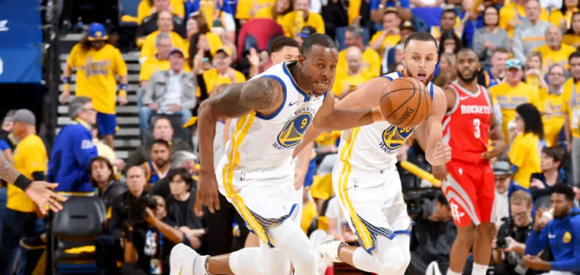 OAKLAND, CA - MAY 20: Andre Iguodala #9 of the Golden State Warriors handles the ball against the Houston Rockets during Game Three of the Western Conference Finals during the 2018 NBA Playoffs on May 20, 2018 at ORACLE Arena in Oakland, California