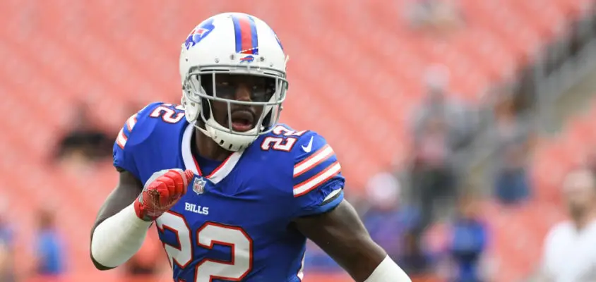 CLEVELAND, OH - AUGUST 17, 2018: Defensive back Vontae Davis #22 of the Buffalo Bills warms up prior to a preseason game against the Cleveland Browns at FirstEnergy Stadium in Cleveland, Ohio. Buffalo won 19-17