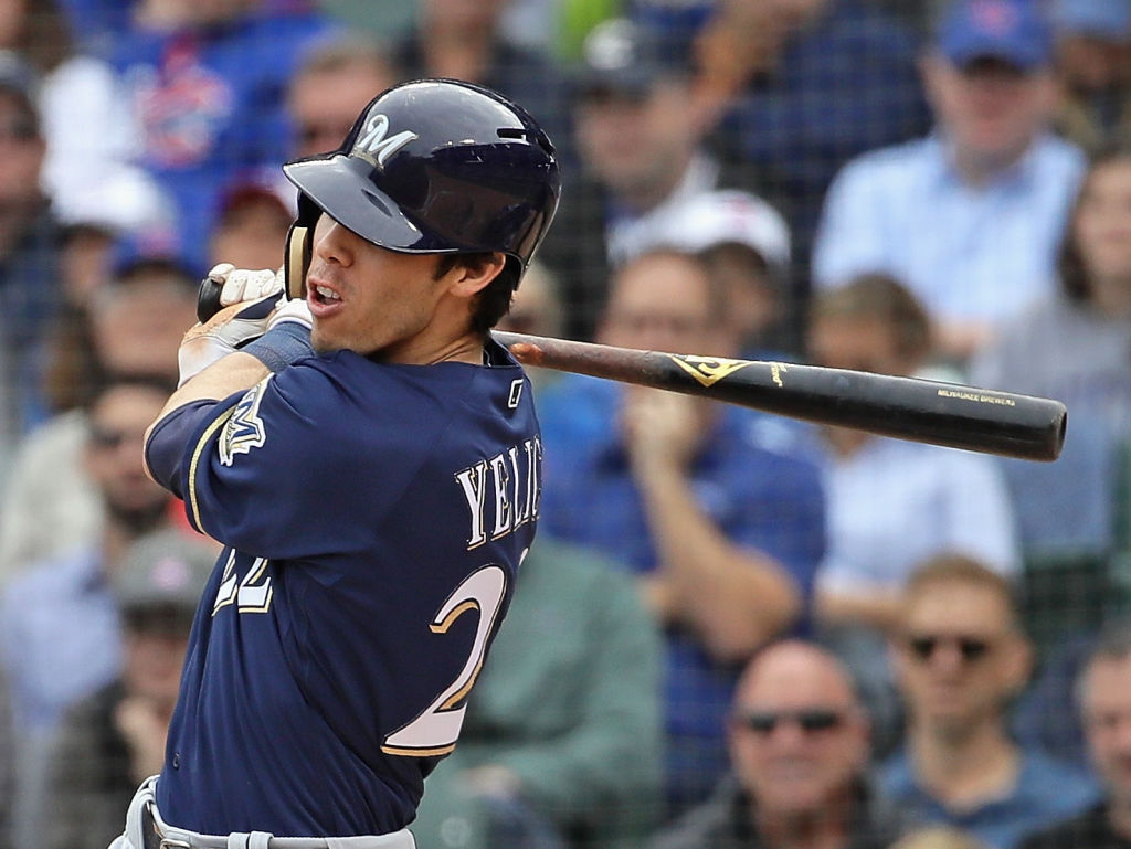 CHICAGO, IL - OCTOBER 01: Christian Yelich #22 of the Milwaukee Brewers hits a run scoring single in the 3rd inning against the Chicago Cubs during the National League Tiebreaker Game at Wrigley Field on October 1, 2018 in Chicago, Illinois