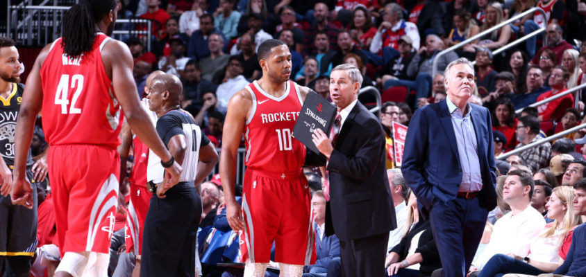 HOUSTON, TX - JANUARY 20: Assistant Coach Jeff Bzdelik of the Houston Rockets speaks with Eric Gordon #10 and Nene Hilario #42 of the Houston Rockets during the game against the Golden State Warriors on January 20, 2018 at the Toyota Center in Houston, Texas. NOTE TO USER: User expressly acknowledges and agrees that, by downloading and or using this photograph, User is consenting to the terms and conditions of the Getty Images License Agreement. Mandatory Copyright Notice: Copyright 2018 NBAE