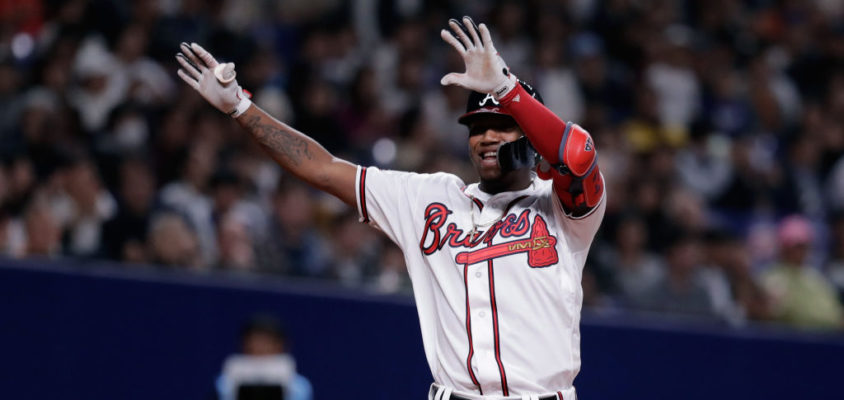 NAGOYA, JAPAN - NOVEMBER 15: Outfielder Ronald Acuna Jr. #13 of the Atlanta Braves celebrates after hitting a solo home run in the bottom of 8th inning during the game six between Japan and MLB All Stars at Nagoya Dome on November 15, 2018 in Nagoya, Aichi, Japan