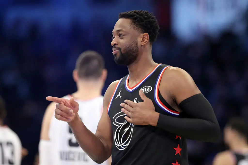 CHARLOTTE, NORTH CAROLINA - FEBRUARY 17: Dwyane Wade #3 of the Miami Heat reacts as they take on Team Giannis in the second quarter during the NBA All-Star game as part of the 2019 NBA All-Star Weekend at Spectrum Center on February 17, 2019 in Charlotte, North Carolina