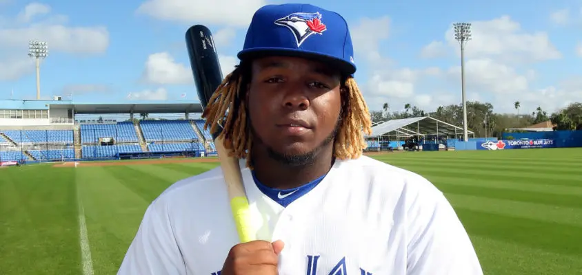 Dunedin, FL - FEB 22: Vladimir Guerrero Jr. (27) poses during the Toronto Blue Jays spring training Photo Day on February 22, 2019, at the Dunedin Stadium in Dunedin, FL.