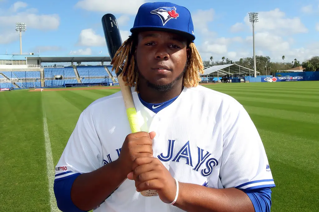 Dunedin, FL - FEB 22: Vladimir Guerrero Jr. (27) poses during the Toronto Blue Jays spring training Photo Day on February 22, 2019, at the Dunedin Stadium in Dunedin, FL.