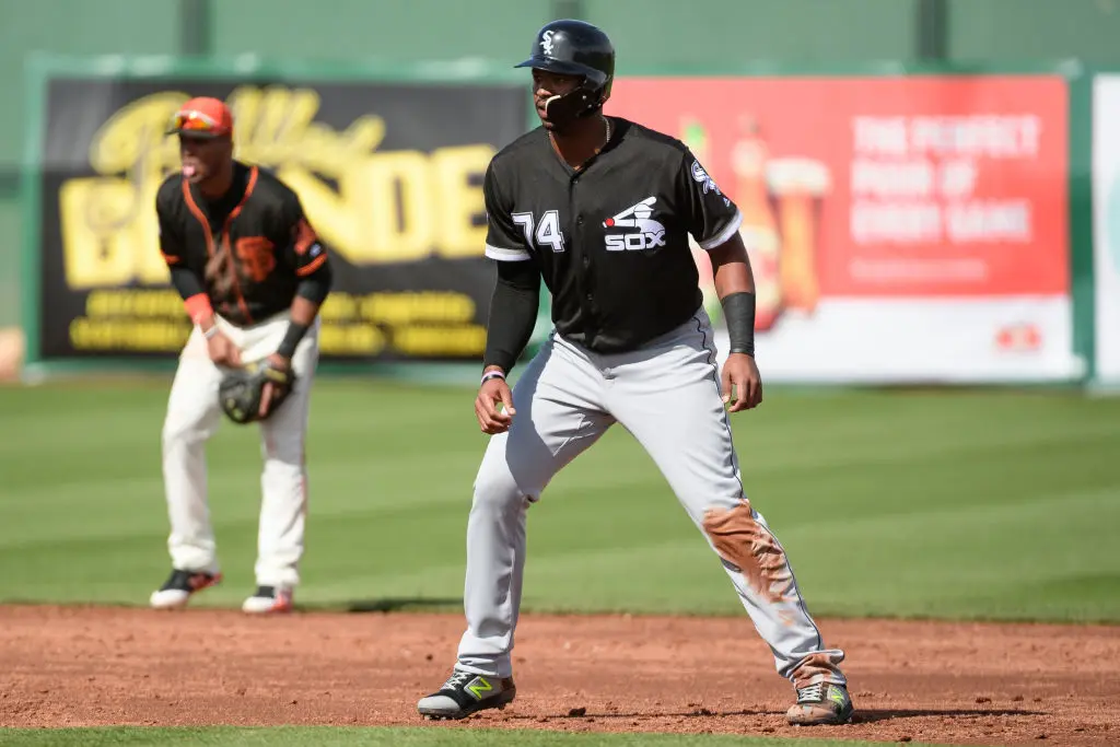 SCOTTSDALE, ARIZONA - FEBRUARY 25: Eloy Jimenez #74 of the Chicago White Sox leads off second base during the spring training game against the San Francisco Giants at Scottsdale Stadium on February 25, 2019 in Scottsdale, Arizona