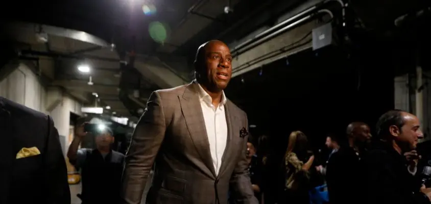 LOS ANGELES, CA - APRIL 9: Earvin Magic Johnson steps down as Lakers president of basketball operations on April 9, 2019 at the Staples Center in Los Angeles, California.