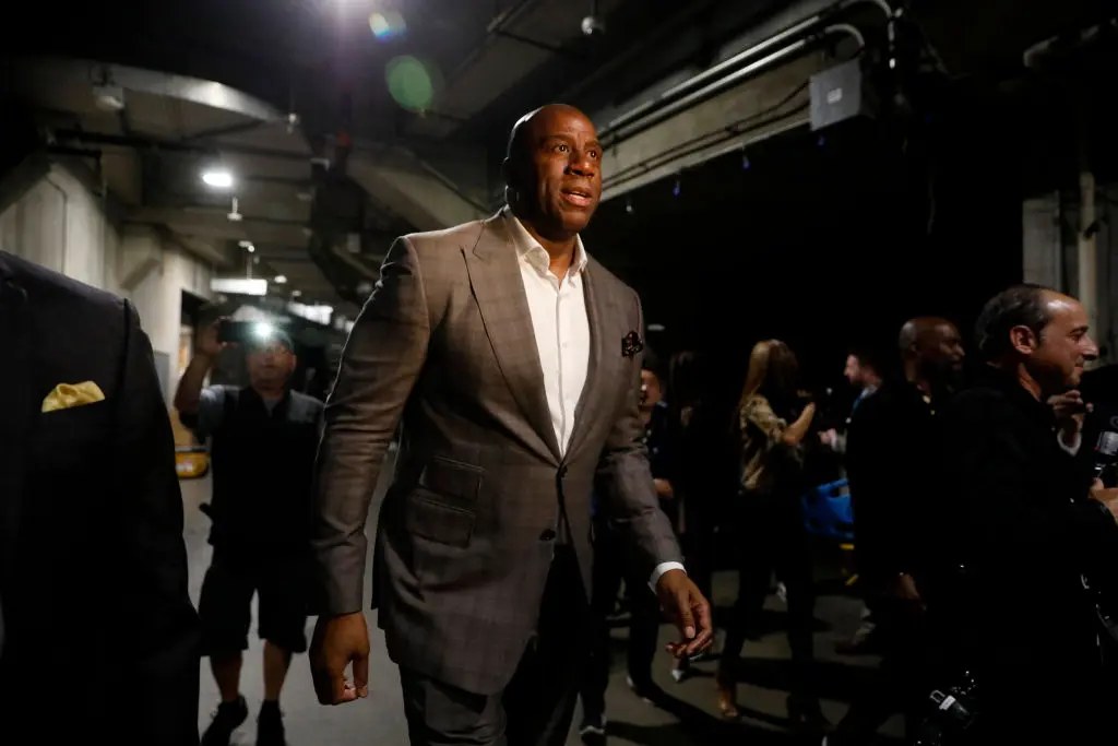 LOS ANGELES, CA - APRIL 9: Earvin Magic Johnson steps down as Lakers president of basketball operations on April 9, 2019 at the Staples Center in Los Angeles, California.