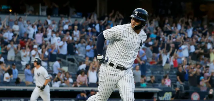 NEW YORK, NEW YORK - AUGUST 02: Gleyber Torres #25 of the New York Yankees runs the bases after his first inning grand slam home run against the Boston Red Sox at Yankee Stadium on August 02, 2019 in New York City