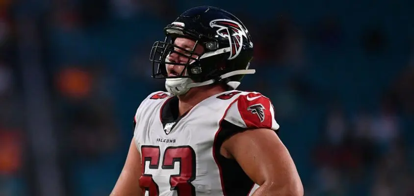 MIAMI, FL - AUGUST 08: Chris Lindstrom #63 of the Atlanta Falcons lines up in the first quarter during a preseason game against the Miami Dolphins at Hard Rock Stadium on August 8, 2019 in Miami, Florida