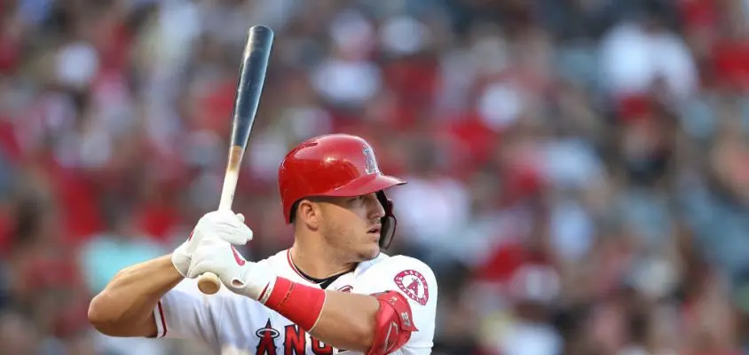 ANAHEIM, CALIFORNIA - AUGUST 31: Mike Trout #27 of the Los Angeles Angels of Anaheim at bat during a game against the Boston Red Sox at Angel Stadium of Anaheim on August 31, 2019 in Anaheim, California