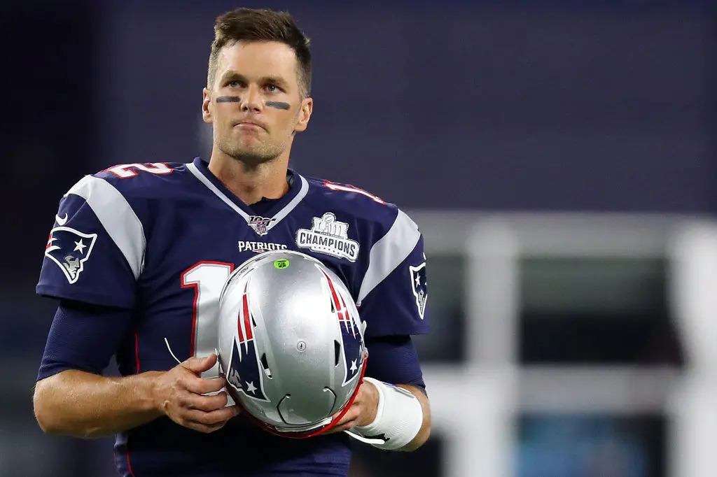 FOXBOROUGH, MASSACHUSETTS - SEPTEMBER 08: Tom Brady #12 of the New England Patriots looks on during the game between the New England Patriots and the Pittsburgh Steelers at Gillette Stadium on September 08, 2019 in Foxborough, Massachusetts