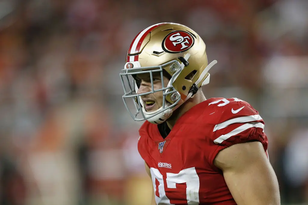 SANTA CLARA, CALIFORNIA - OCTOBER 07: Nick Bosa #97 of the San Francisco 49ers looks on in the second half against the Cleveland Browns at Levi's Stadium on October 07, 2019 in Santa Clara, California