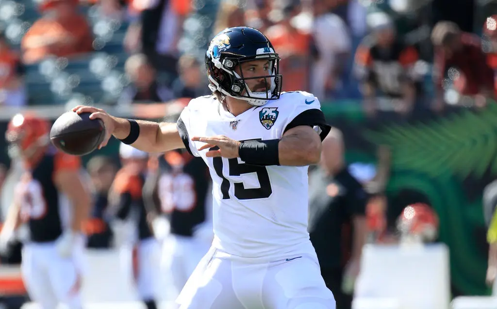 CINCINNATI, OHIO - OCTOBER 20: Gardner Minshew II #15 of the Jacksonville Jaguars throws the ball before the game against the Cincinnati Bengals at Paul Brown Stadium on October 20, 2019 in Cincinnati, Ohio