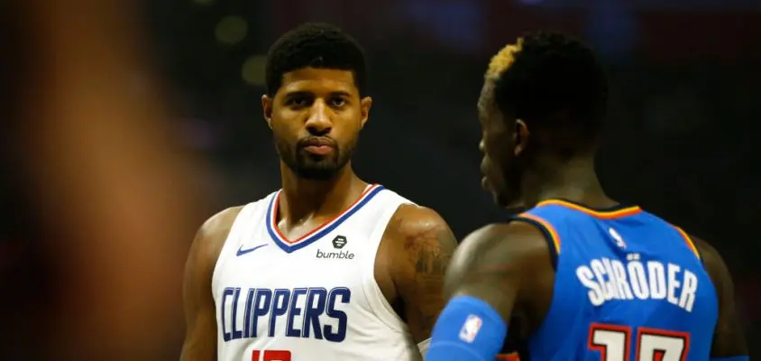 LOS ANGELES, CALIFORNIA - NOVEMBER 18: Paul George #13 of the Los Angeles Clippers looks on during the second half of a game against the Oklahoma City Thunder at Staples Center on November 18, 2019 in Los Angeles, California