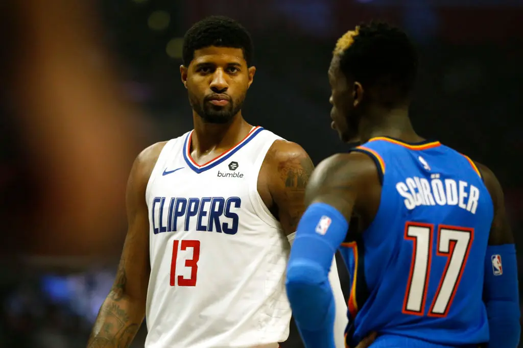 LOS ANGELES, CALIFORNIA - NOVEMBER 18: Paul George #13 of the Los Angeles Clippers looks on during the second half of a game against the Oklahoma City Thunder at Staples Center on November 18, 2019 in Los Angeles, California