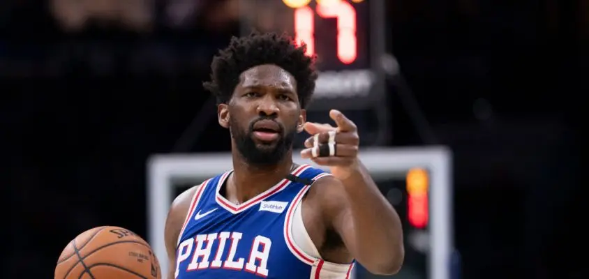 PHILADELPHIA, PA - JANUARY 06: Joel Embiid #21 of the Philadelphia 76ers points against the Oklahoma City Thunder in the second quarter at the Wells Fargo Center on January 6, 2020 in Philadelphia, Pennsylvania