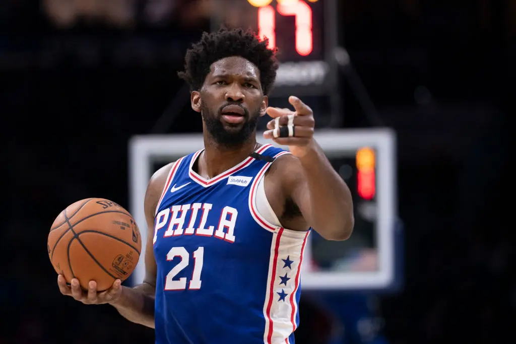 PHILADELPHIA, PA - JANUARY 06: Joel Embiid #21 of the Philadelphia 76ers points against the Oklahoma City Thunder in the second quarter at the Wells Fargo Center on January 6, 2020 in Philadelphia, Pennsylvania