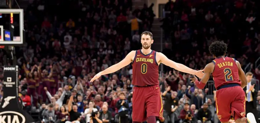 CLEVELAND, OHIO - JANUARY 02: Kevin Love #0 celebrates with Collin Sexton #2 of the Cleveland Cavaliers after Sexton scored during the second half against the Charlotte Hornets at Rocket Mortgage Fieldhouse on January 02, 2020 in Cleveland, Ohio. The Hornets defeated the Cavaliers 109-106