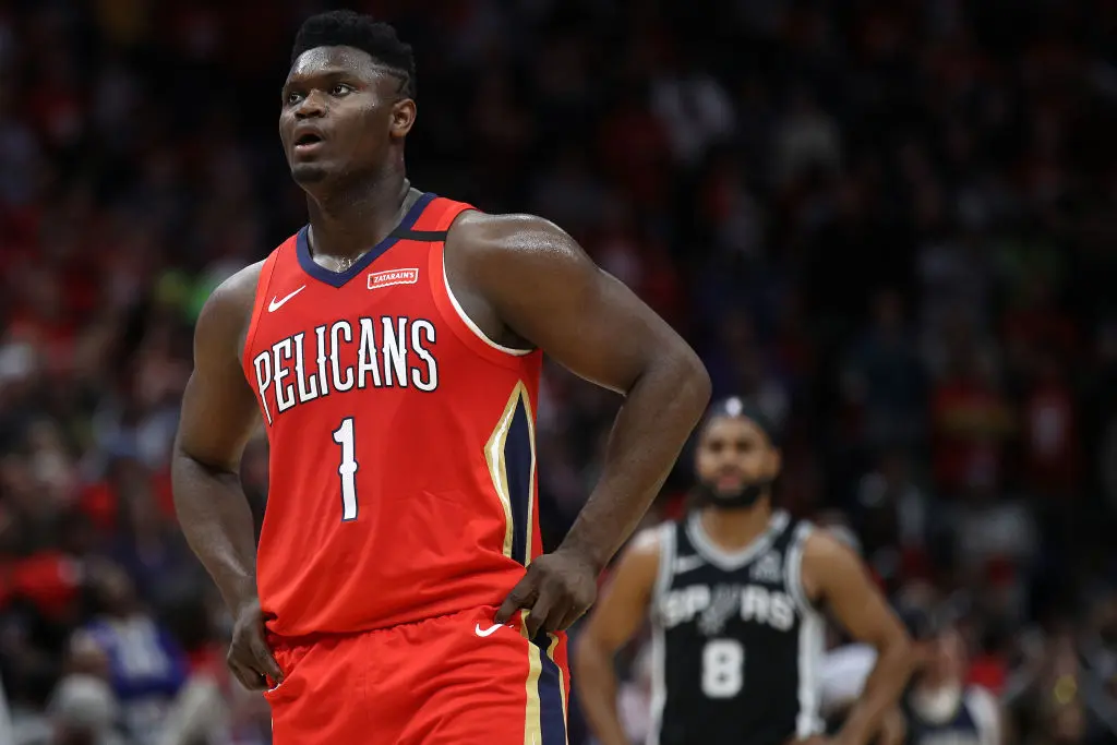 NEW ORLEANS, LOUISIANA - JANUARY 22: Zion Williamson #1 of the New Orleans Pelicans looks on during the game against the San Antonio Spurs at Smoothie King Center on January 22, 2020 in New Orleans, Louisiana