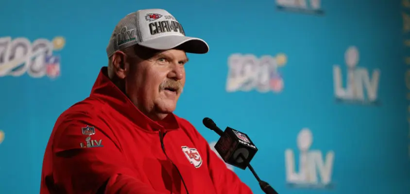 MIAMI, FLORIDA - FEBRUARY 02: Head coach Andy Reid of the Kansas City Chiefs talks to press after defeating San Francisco 49ers by 31 - 20 in Super Bowl LIV at Hard Rock Stadium on February 02, 2020 in Miami, Florida