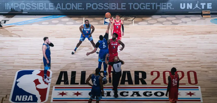 CHICAGO, ILLINOIS - FEBRUARY 16: Joel Embiid #24 of Team Giannis and Anthony Davis #2 of Team LeBron reaches for the ball during the 69th NBA All-Star Game on February 16, 2020 at the United Center in Chicago, Illinois