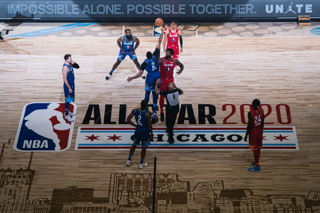 CHICAGO, ILLINOIS - FEBRUARY 16: Joel Embiid #24 of Team Giannis and Anthony Davis #2 of Team LeBron reaches for the ball during the 69th NBA All-Star Game on February 16, 2020 at the United Center in Chicago, Illinois