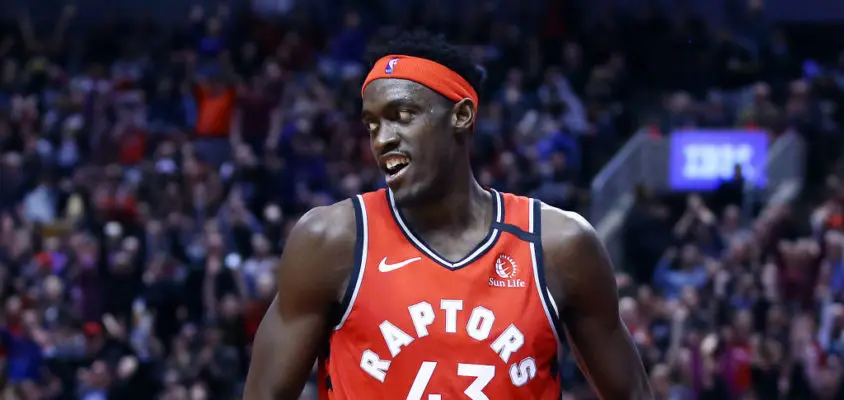 TORONTO, ON - FEBRUARY 10: Pascal Siakam #43 of the Toronto Raptors reacts after sinking a basket during the second half of an NBA game against the Minnesota Timberwolves at Scotiabank Arena on February 10, 2020 in Toronto, Canada