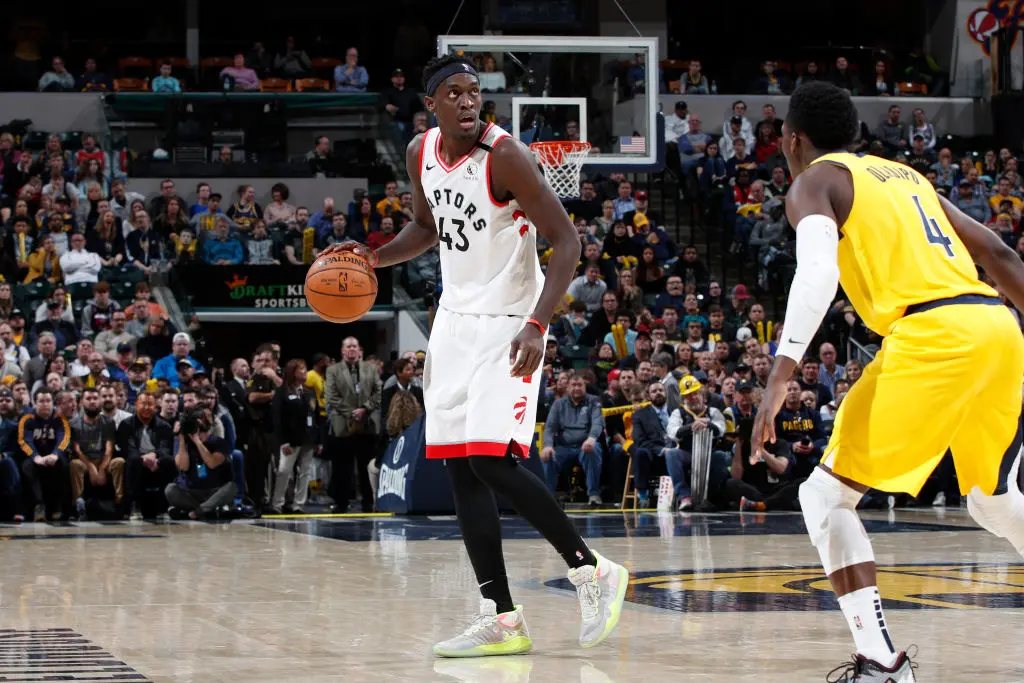 INDIANAPOLIS, IN - FEBRUARY 07: Pascal Siakam #43 of the Toronto Raptors handles the ball during a game against the Indiana Pacers at Bankers Life Fieldhouse on February 7, 2020 in Indianapolis, Indiana. The Raptors defeated the Pacers 115-106