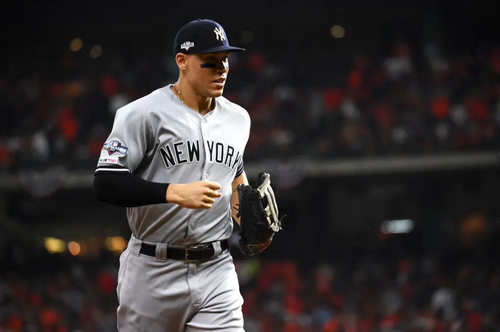 HOUSTON, TX - OCTOBER 19: Aaron Judge #99 of the New York Yankees looks on during Game 6 of the ALCS between the New York Yankees and the Houston Astros at Minute Maid Park on Saturday, October 19, 2019 in Houston, Texas