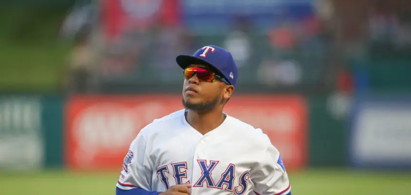 ARLINGTON, TX - SEPTEMBER 25: Texas Rangers outfielder Willie Calhoun (5) runs to the dugout during the game between the Boston Red Sox and Texas Rangers on September 25, 2019 at Globe Life Park in Arlington, TX